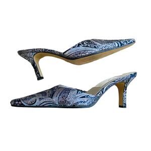 Silver metallic brocade high heels dressy retro slip ons mules slides US 9.5M